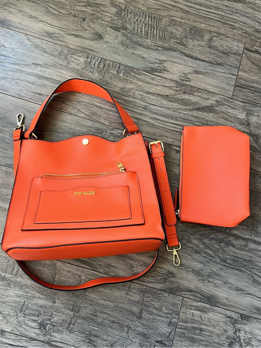 Steve Madden Bright Orange Pebbled Leather Shoulder Bag with Pouch